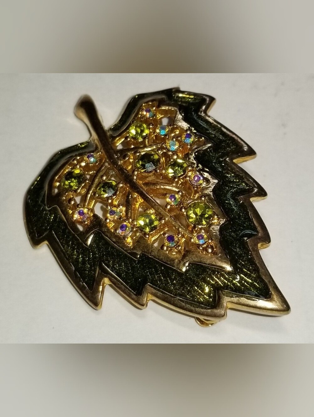 Vintage Gold-Tone Green Enamel Rhinestone Leaf Brooch